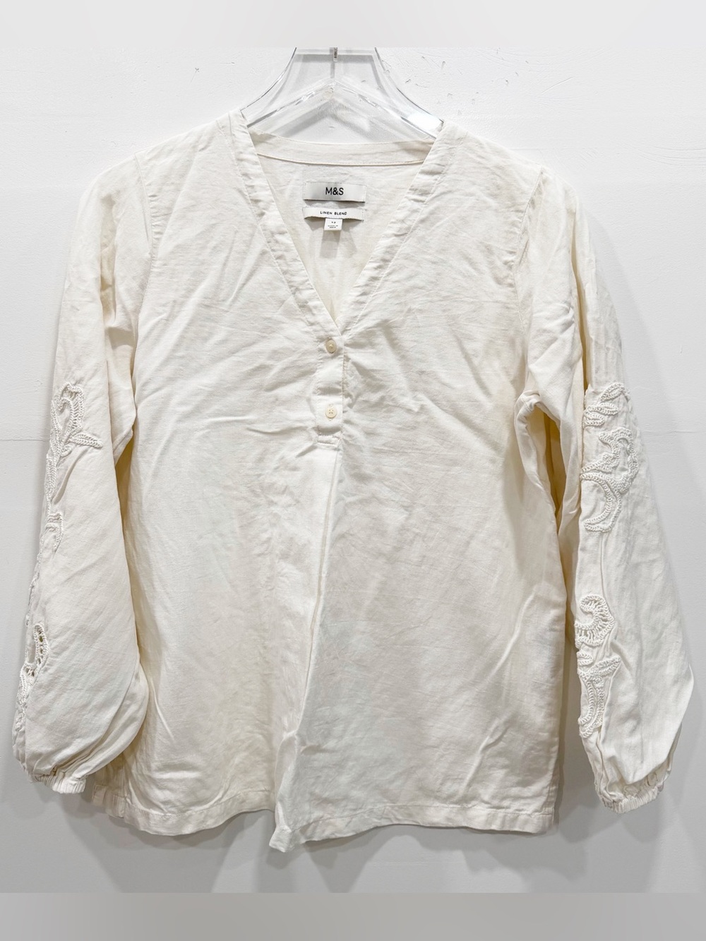 Marks & Spencer Flax Linen Embroidered Sleeve Blouse V-Neck Popover 12